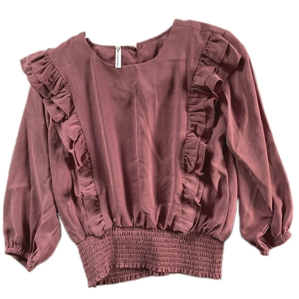 B+Vestry Blouse Women S/M (See Dim Photo) Rose Ruffle Long Sleeve Smocked Hem